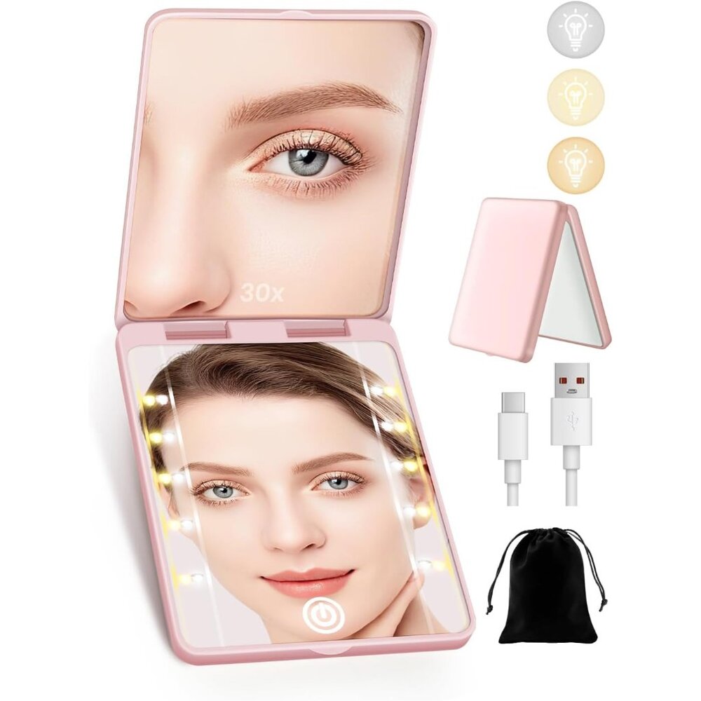 Compact Mirror, Rechargeable 30X Magnifying Mirror with 3 Lighting Modes & Dimma